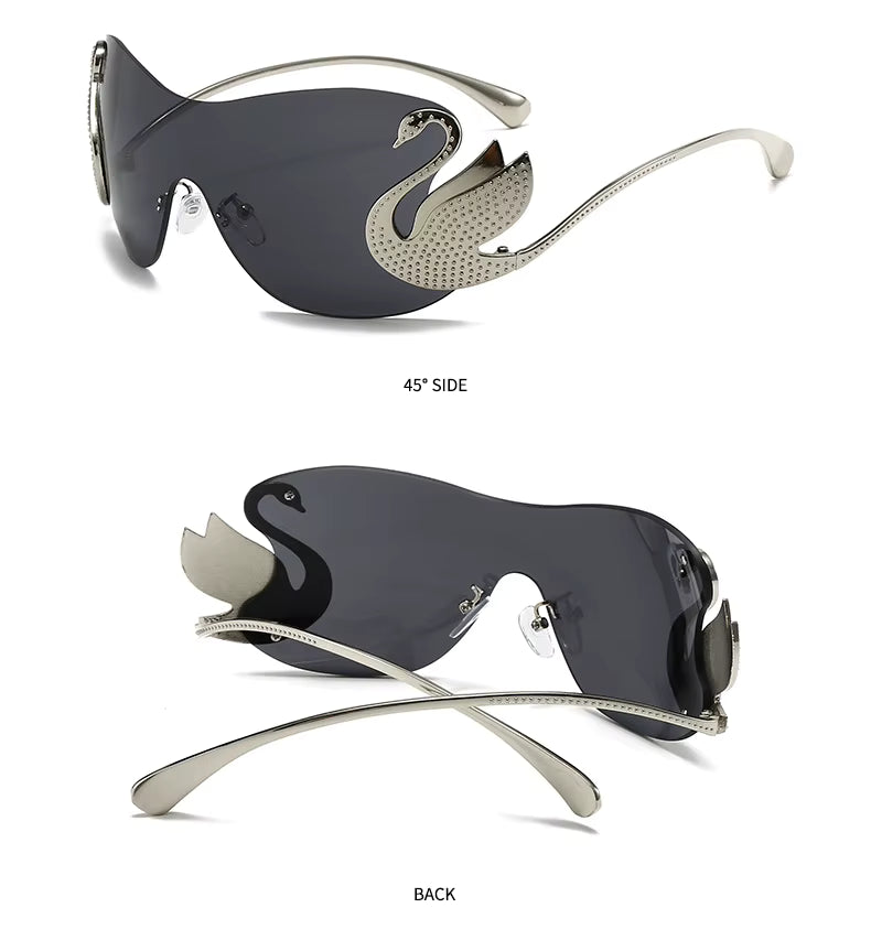 Y2k Women Fashion Swan Inlay Gradient Lens Shades Oversized Rimless Sunglasses Glasses