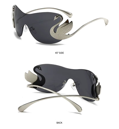 Y2k Women Fashion Swan Inlay Gradient Lens Shades Oversized Rimless Sunglasses Glasses