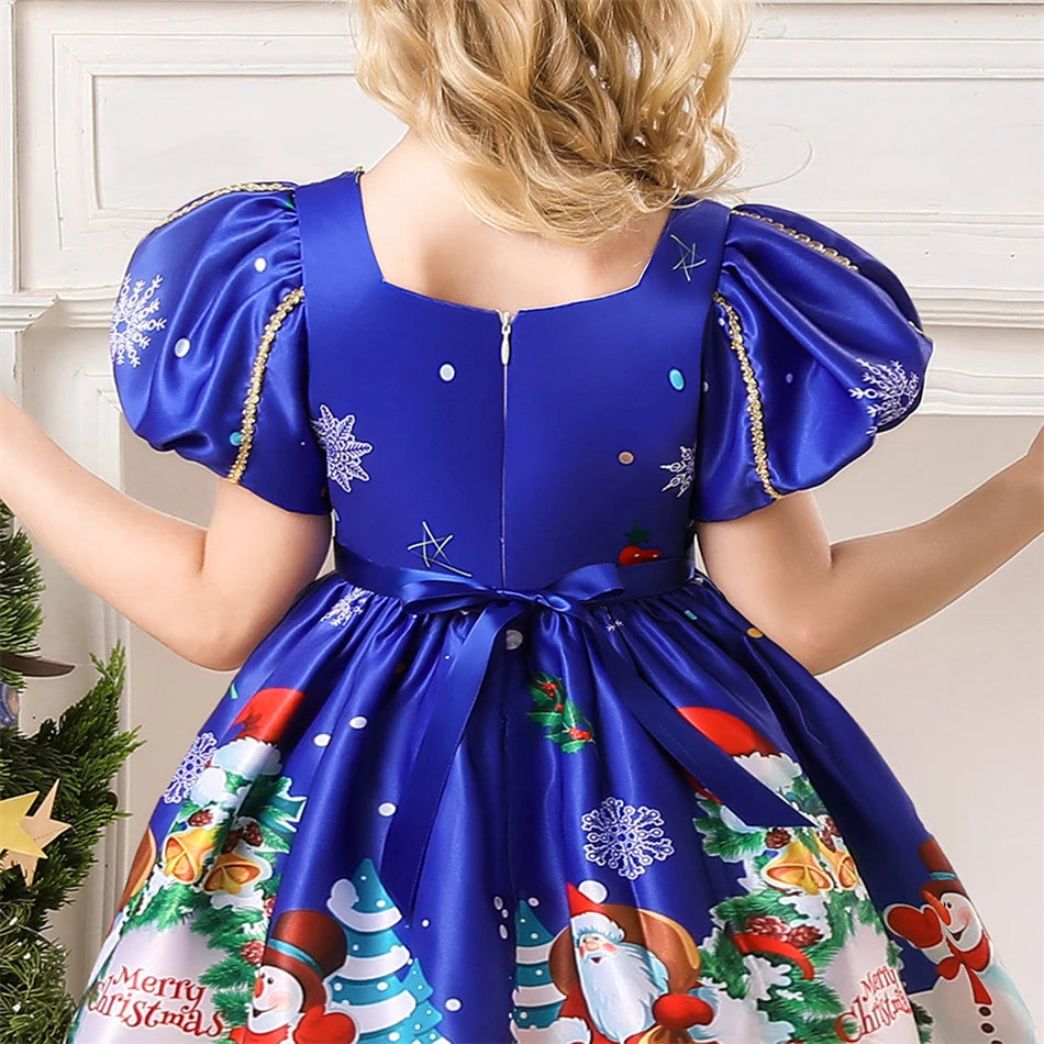 Girls Kids New Year Party Santa Claus Snowman Print Cosplay Costume Xmas Princess Theme Party Dress