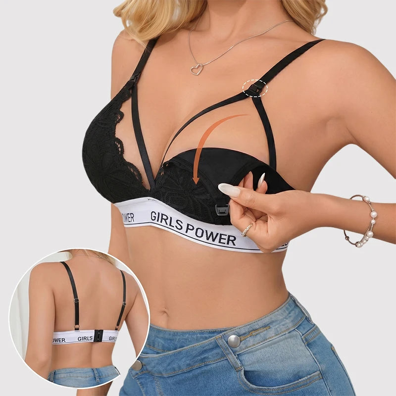 Women Letter Print Lace Wireless Breastfeeding Easy Open Buckle Push Up Maternity Nursing Bra
