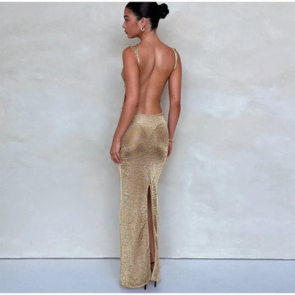 Women Chic Gold Bright Silk Backless Split Maxi Exposed Waist Slim Fit Party Evening Dress