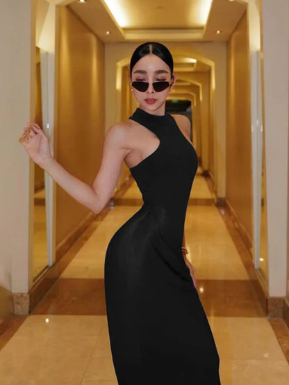 Women Backless Solid Color Party Club Evening Bodycon Sleeveless Long Dress