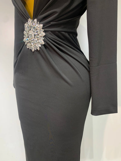 Black Diamond Bodycon Maxi Sexy Deep V Neck Long Sleeves Runway Party Evening Dress
