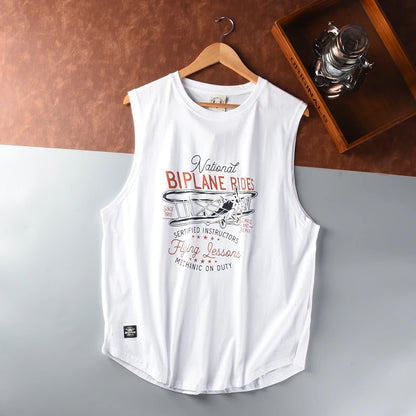 Men Bi-Plane Rides Sleeveless O-neck Printed T-shirt Fashion Washed Sports Vest Tops