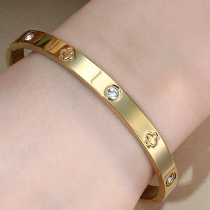 Women Heart Shaped Zircon Stainless Steel Gold Color 2-in-1 Bangles Bracelet Jewelry