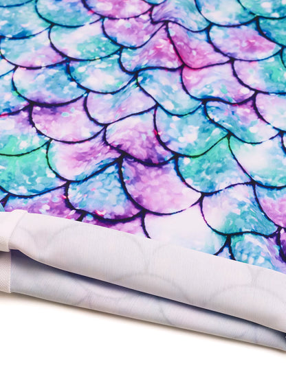 Kids Girls Long Raglan Sleeve Scale Print Zipper Boyleg Shorts Swimwear Beach Swimsuit