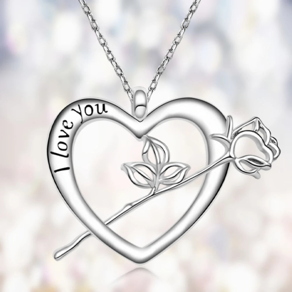 Creative Romantic Heart Shape Hollow Rose Pendant Necklace