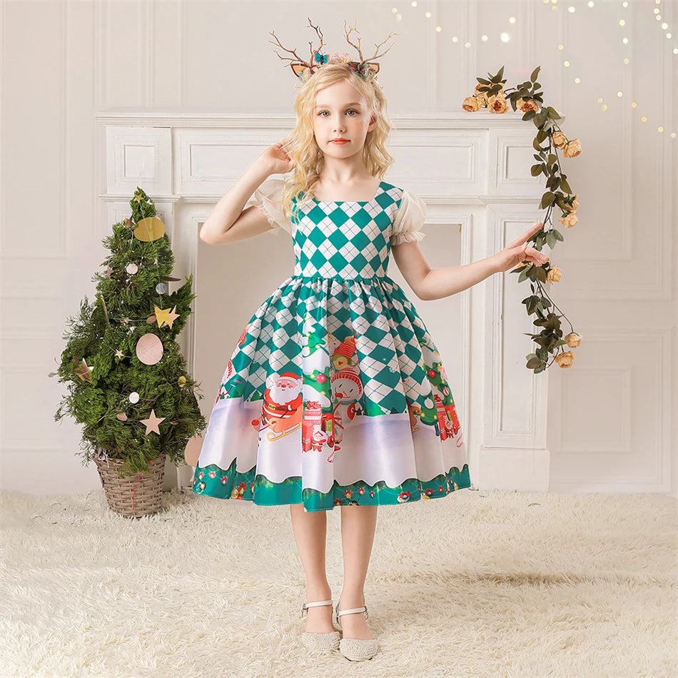 Girls Kids New Year Party Santa Claus Snowman Print Cosplay Costume Xmas Princess Theme Party Dress