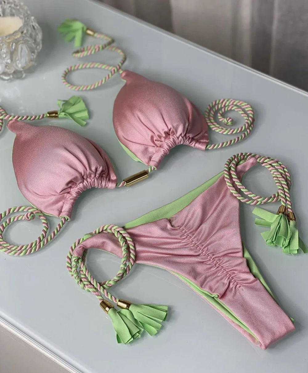 Sexy Separate Triangle Pure Color Rope Weaving Multicolor Bikini Swimsuit Suit