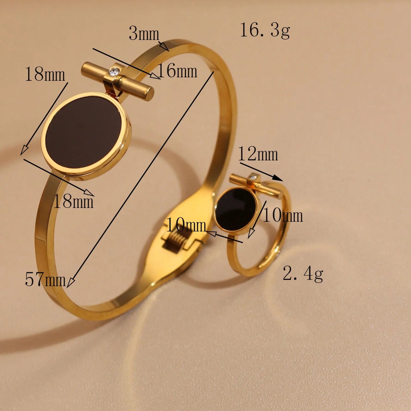 Women 2-In-1Black Acrylic Zirconia Stainless Steel Ring Bangle Bracelet Gifts Set