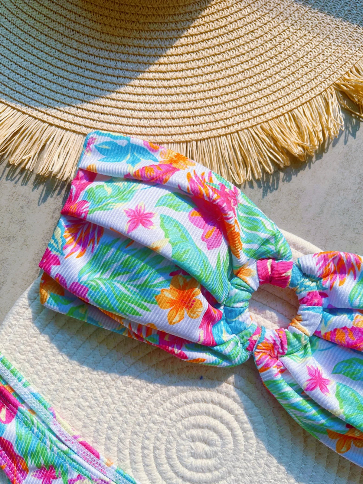 Women Plant Printed Bandeau High Leg Cut Bikini Swimwear Swimsuit Two-pieces Bathing Suit