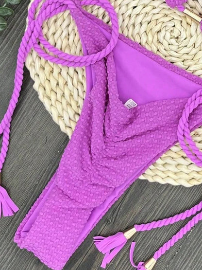 Women's Swimsuit Triangle Woven Tope Hanging Neck Two Pieces Bikini Swimwear Suit
