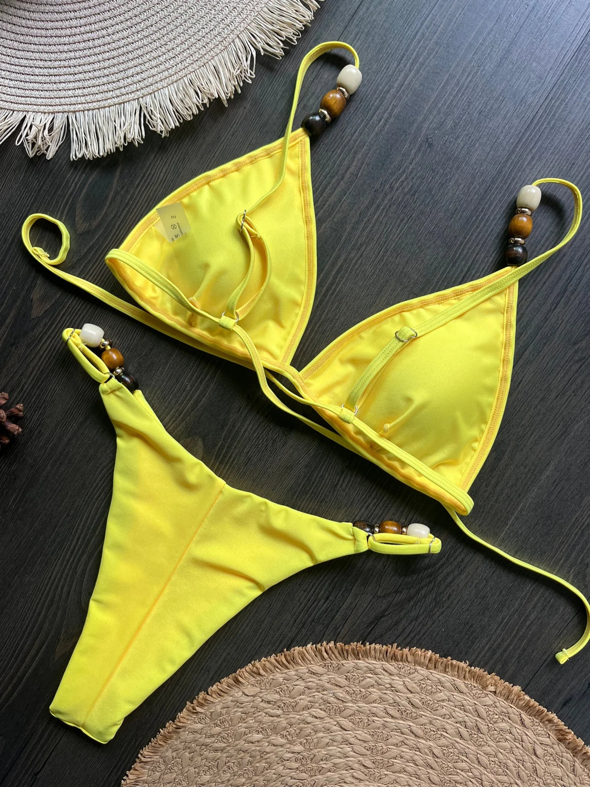 Sexy Women Pearls Strap Hole Out Push Up Bra Thong Swimsuit Brazilian Beach Bathing Micro Bikini Suit