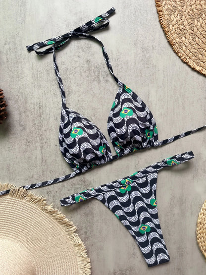 Sexy Women High Cut Wave Printed Halter Bikini Swimsuit Swimwear Two-pieces Bikini Set