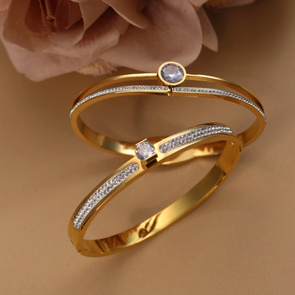 Women Beautiful Stainless Steel 18k Gold Color Bangle Crystal Design Charm Bracelet