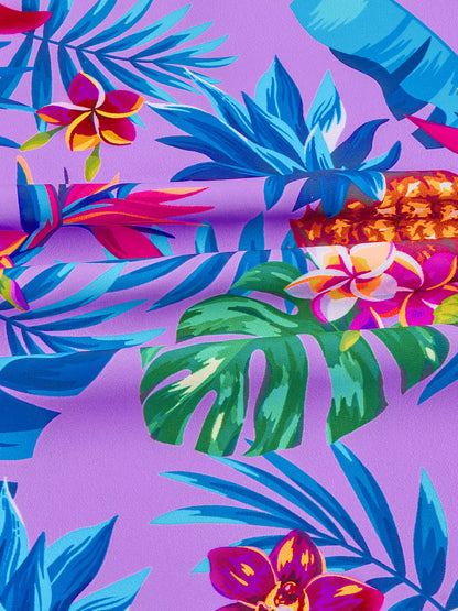 Long-Sleeved Purple Kids Girls One-Piece Tropical Plants Print Boyleg Rash Guard Beach Swimming Suit