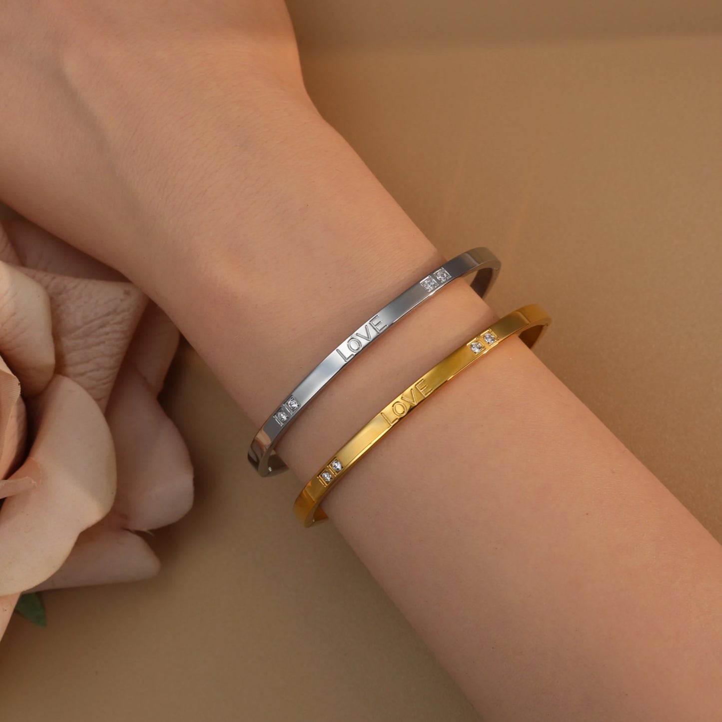 18K Gold-Plated LOVE Stainless Steel Zircon Openwork Bangle Bracelet Women's Jewelry