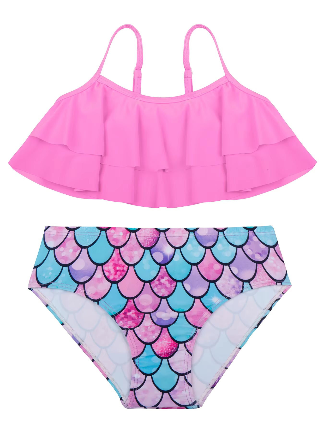 2pcs Kids Girl Sleeveless Pink Ruffle Crop Tops Scale Print Swim Briefs Swimming Suit