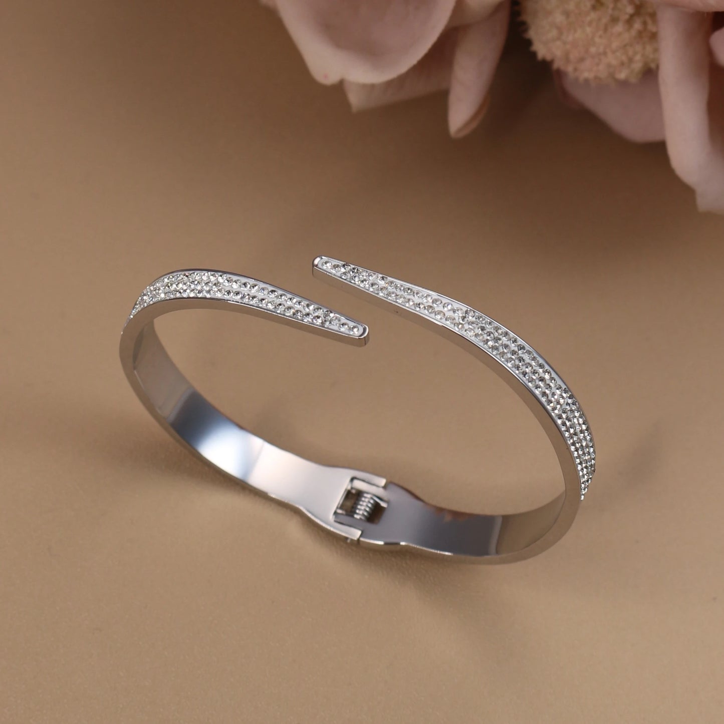 Women Stainless Steel Crystal Hollow Water Drop Open Bracelet Bangle