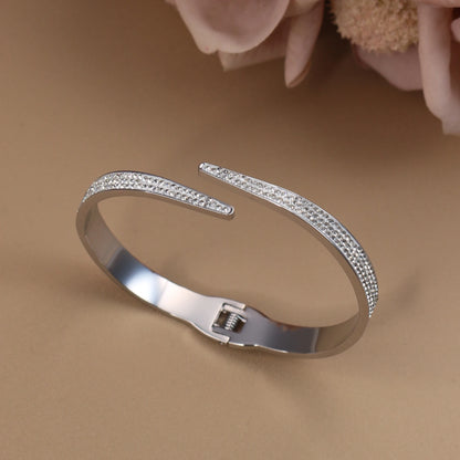 Women Stainless Steel Crystal Hollow Water Drop Open Bracelet Bangle