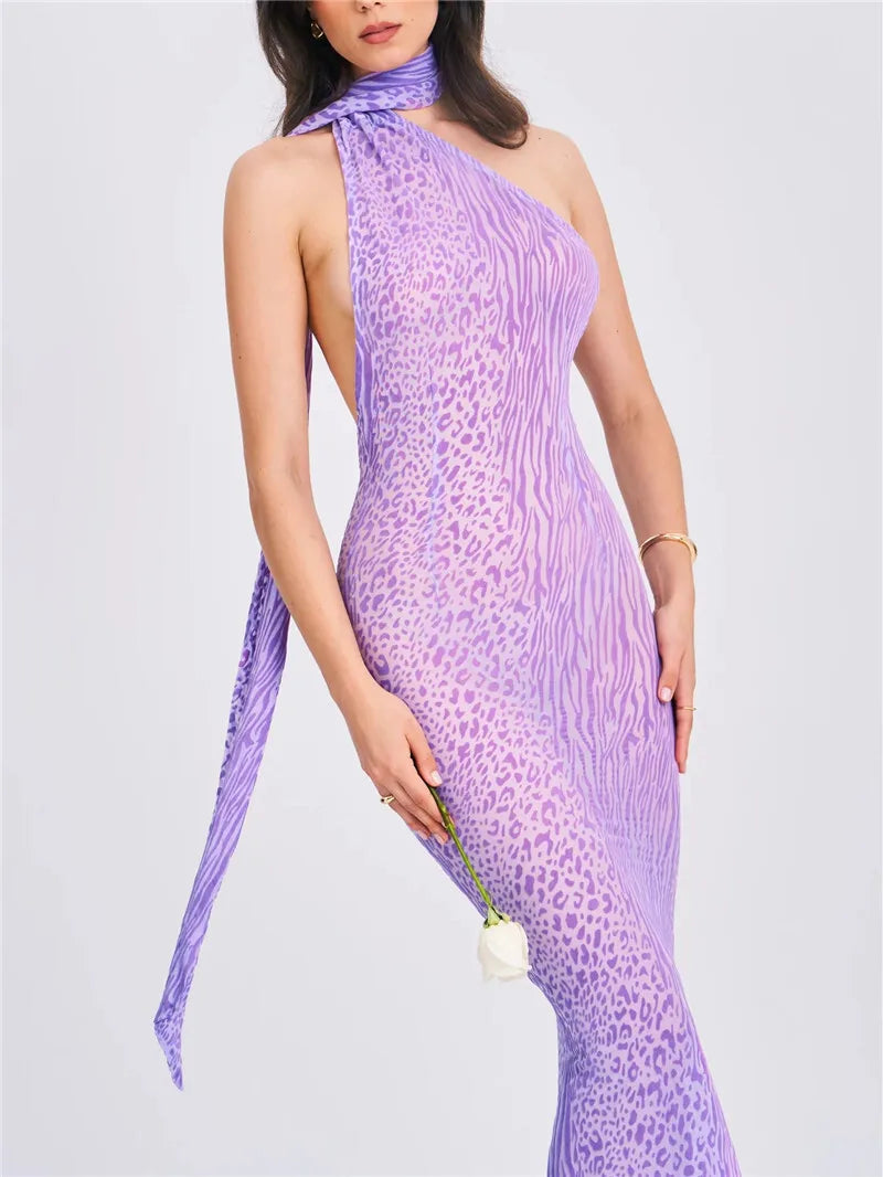 Women Purple Sheer Leopard Print Sexy Maxi Dress Women See Through Halter Draped Sleeveless Backless Bodycon Party Long Dress