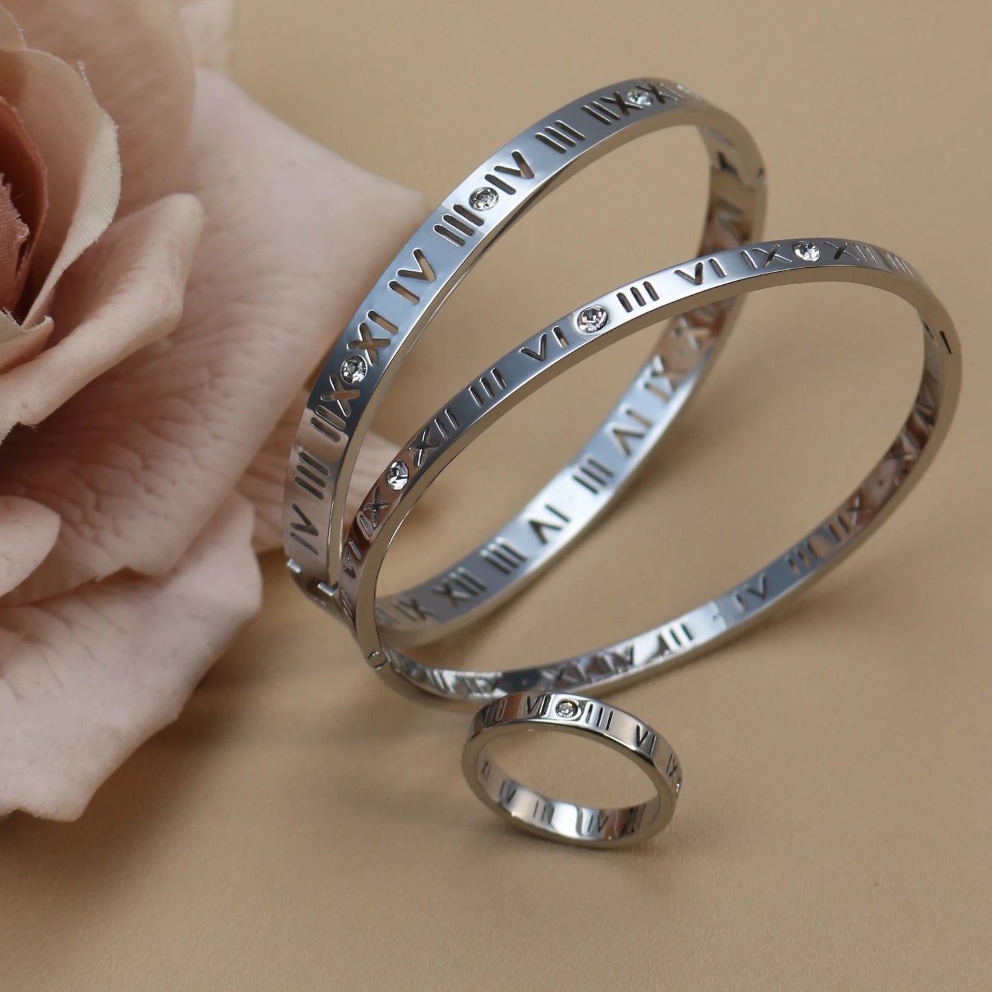 Stainless Steel 18K gold plated Roman Numeral Bracelet Bangles Ring 2-in-1 Jewelry