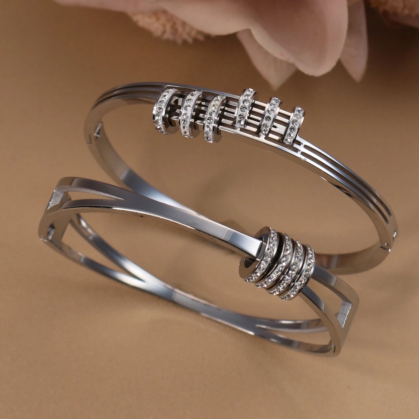 Women's Love Stainless Steel Crystal Bracelets Half Face Hollow Design Bracelet Bangle Jewelry Gifts