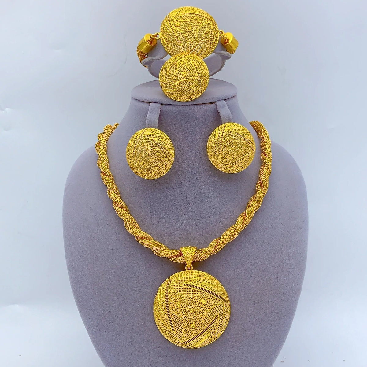 Dubai 24k Gold Color Women Ethiopian Indian Bridal Wedding Twisted Necklace Earrings Sets