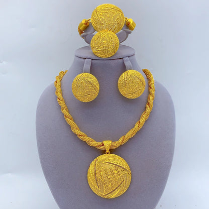 Dubai 24k Gold Color Women Ethiopian Indian Bridal Wedding Twisted Necklace Earrings Sets