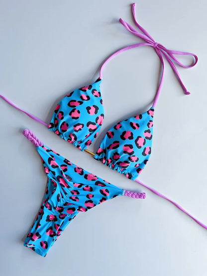 Sexy Swimsuit Braided Rope Micro Bikini Swimsuit Leopard Print Brazilian Beach Bathing Suit