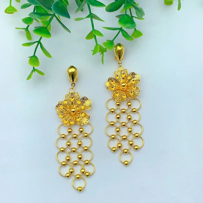 Italian Long Flower Women Bridal Indian Dubai Gold Color Necklace Earrings Sets