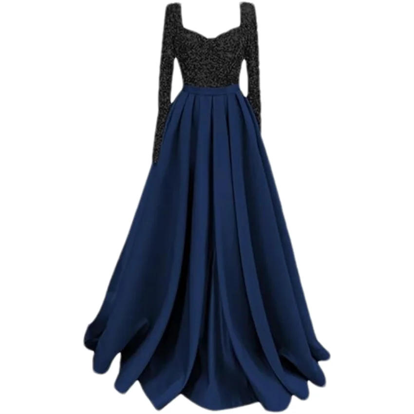 Long Sleeve Sequin Prom Long Satin Women Formal A-Line Evening Party Ball Gown Dress w/ Pockets