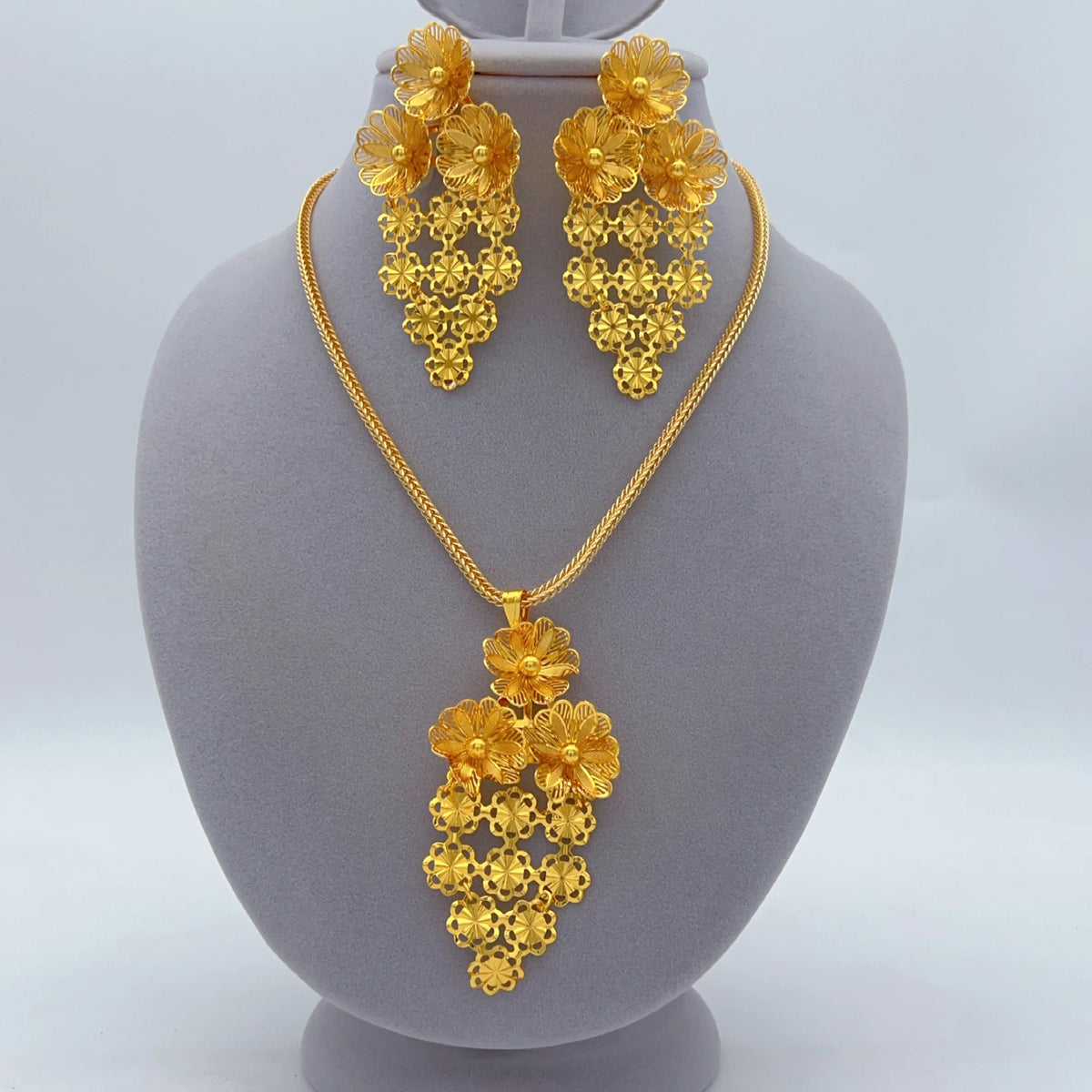 Indian 24k Gold Color Bridal Ethiopian Africa Flower Dubai Necklace Earrings Jewelry afSets