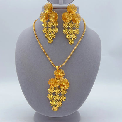 Indian 24k Gold Color Bridal Ethiopian Africa Flower Dubai Necklace Earrings Jewelry afSets
