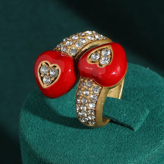 Women Rhinestone Open Antique Gold Color Vintage Red Heart Bohemian Rings