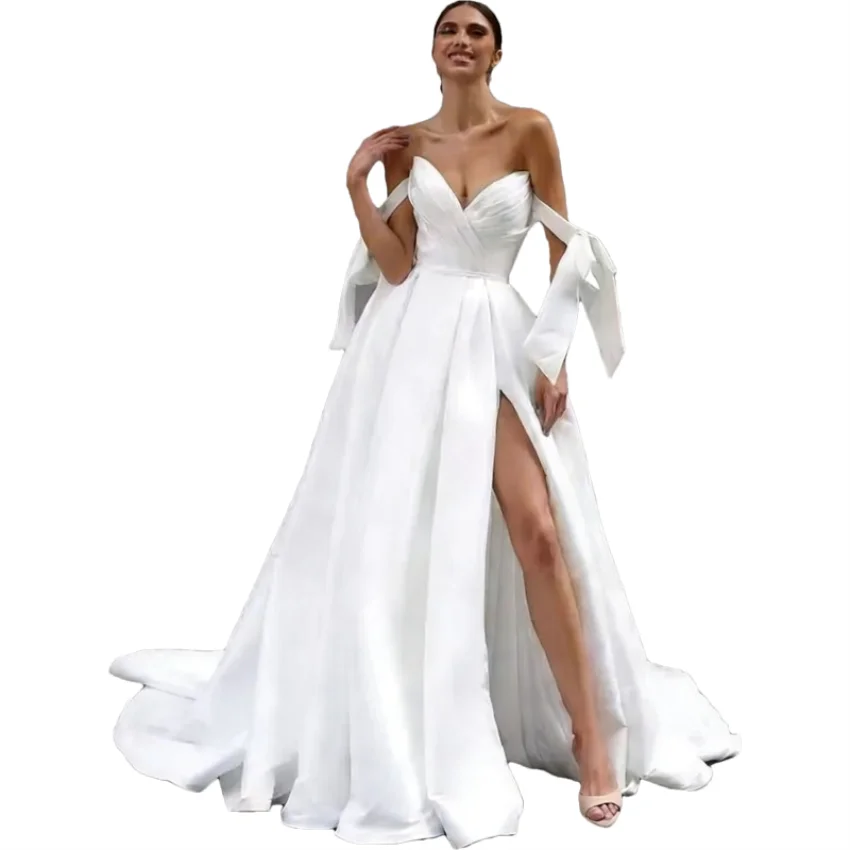 Elegant Simple Satin Sweetheart Wedding Bow Pleated High Slit Bridal Button A-line Bride Dress