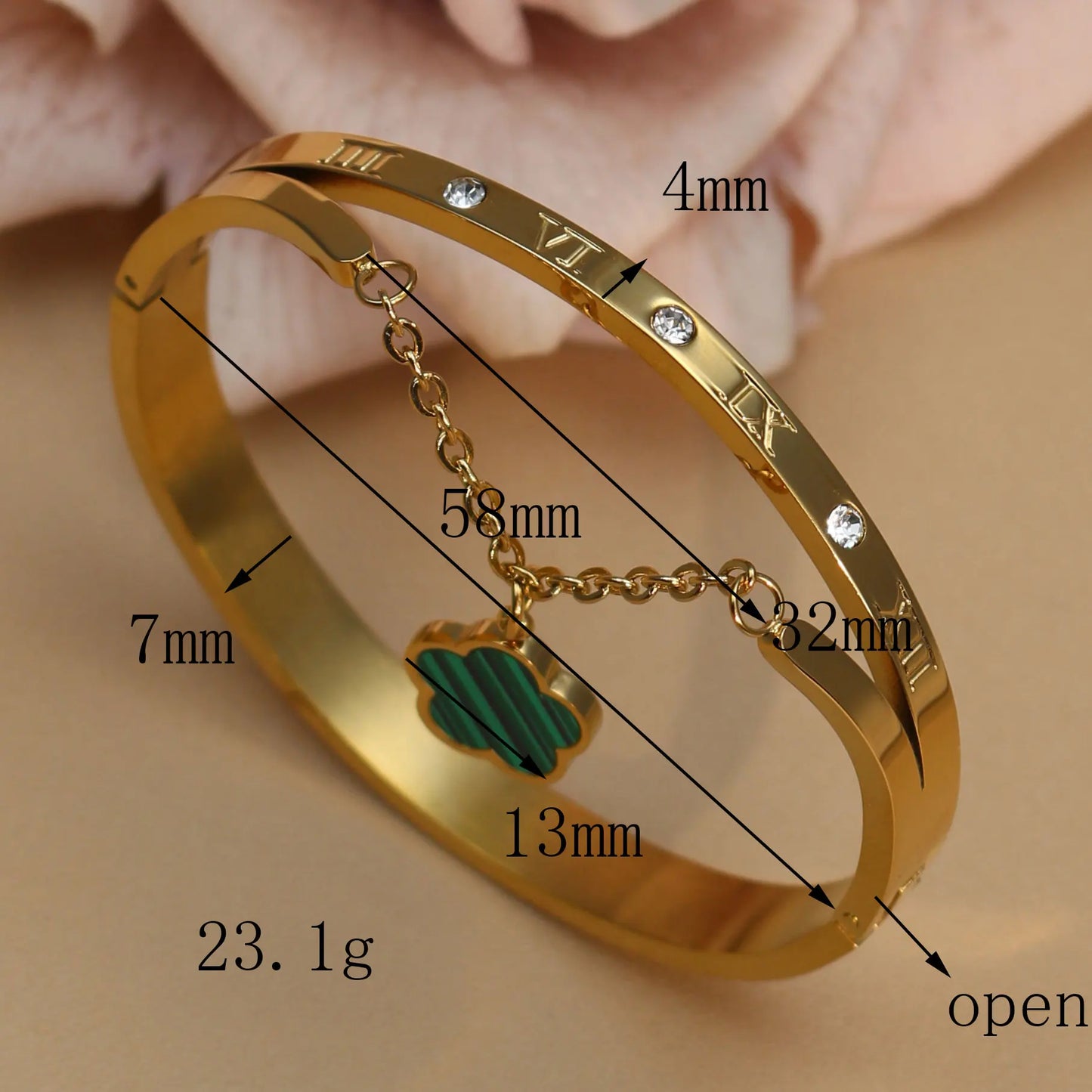 Roman Numeral Crystal Flower Shaped Pendant Stainless Steel Bracelet Bangles