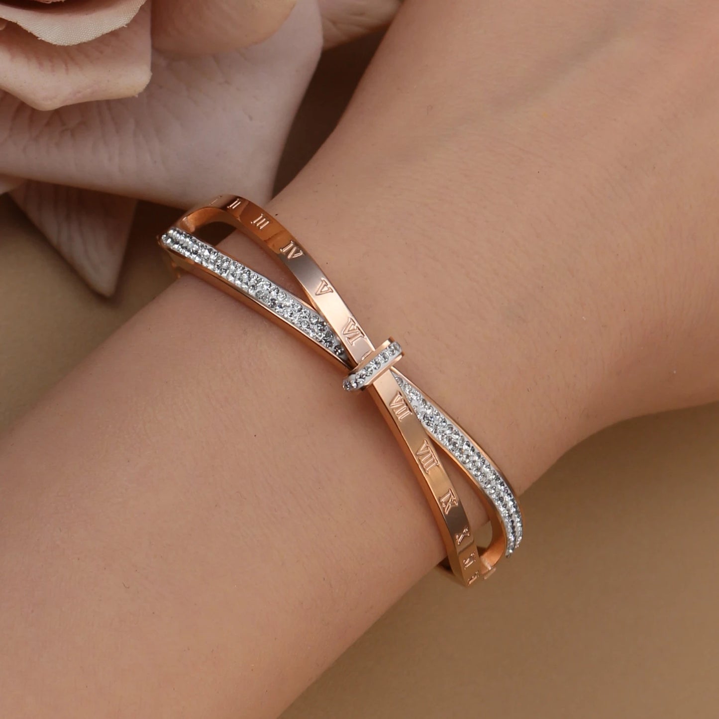 Love Charm 18k Gold Stainless Steel Crystal Cross Roman Numerals Bangle Bracelet
