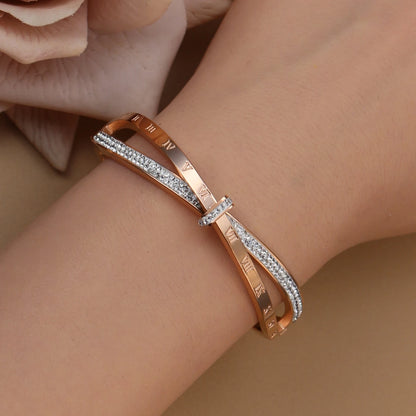 Love Charm 18k Gold Stainless Steel Crystal Cross Roman Numerals Bangle Bracelet
