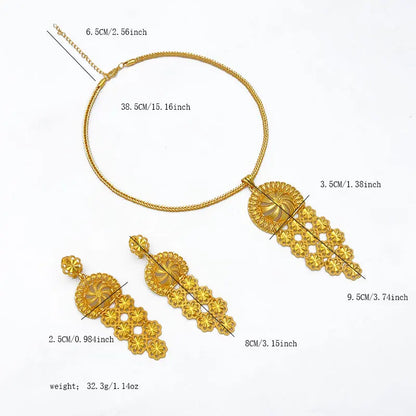Indian Bridal Women African Dubai Gold Plated Long Wedding Party Necklace Earrings Jewelry Set