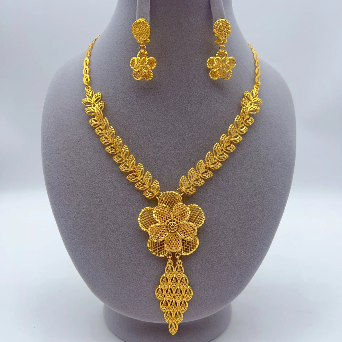 Indian 24K Gold Plated Big Floral Women African Dubai Bridal Wedding Necklace Earrings Jewelry Set