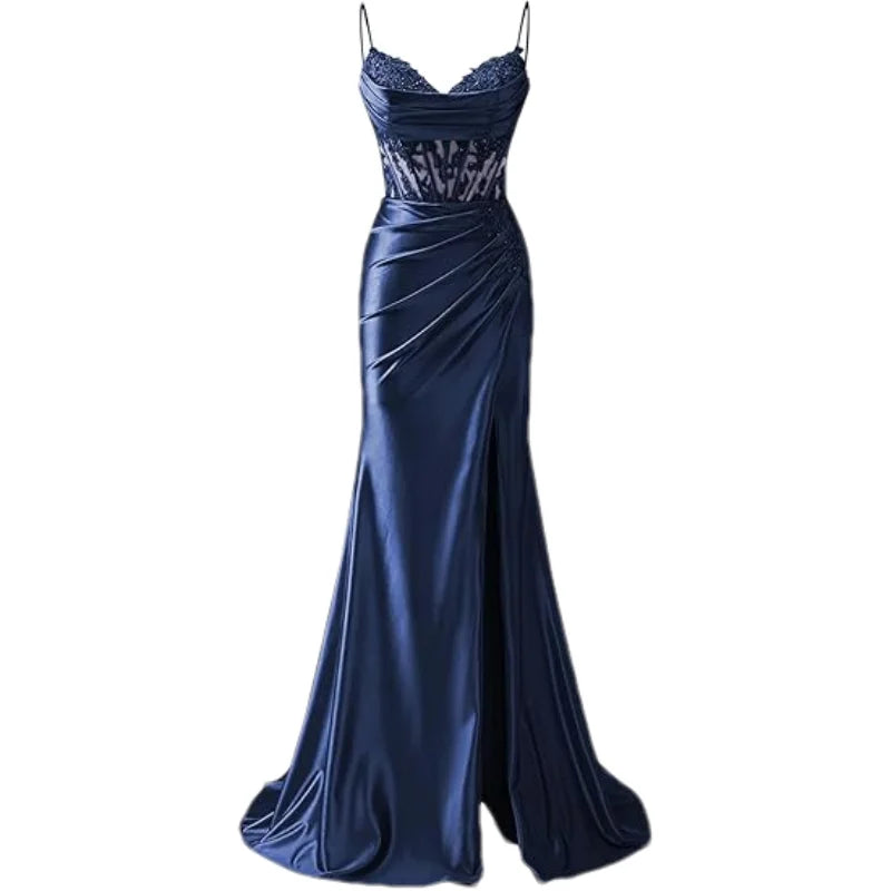 Lace Appliques Satin Prom Women w/ Slit Spaghetti Strap Backless Long Mermaid Evening Formal Dress Gown