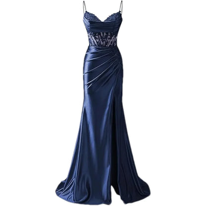 Lace Appliques Satin Prom Women w/ Slit Spaghetti Strap Backless Long Mermaid Evening Formal Dress Gown