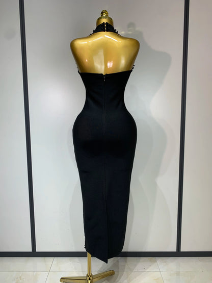 Sexy Sparkly Rhinestone Pearl Halter Backless Bandage Long Birthday Evening Party Dress