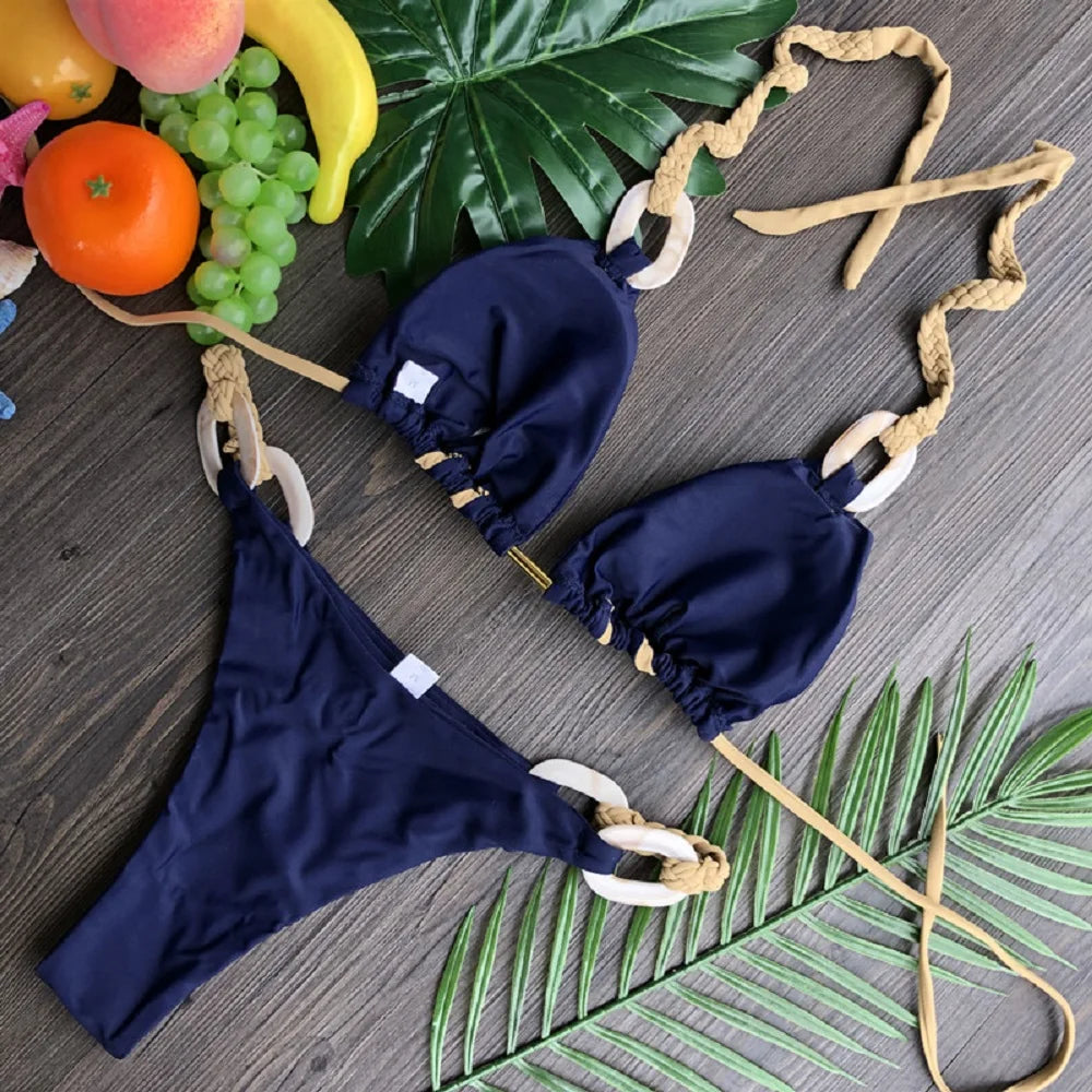 women Halter micro bikini ring Weave triangle swimsuit Brazilian bathing two pieces suit