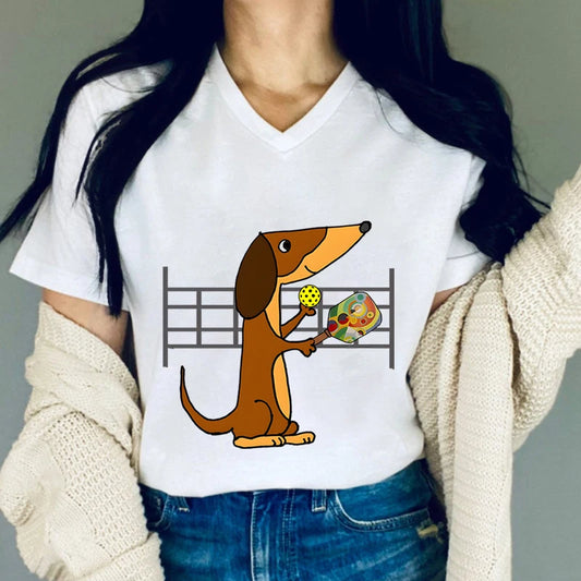 Women's Funny Dachshund Playing Pickleball Sports Graphic Tops T-shirt