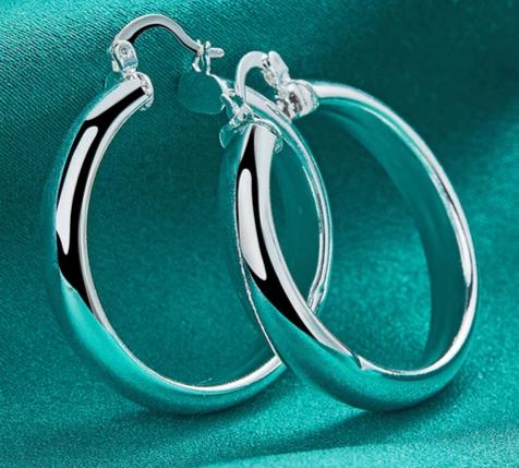 925 Sterling Silver 35mm Circle Smooth Woman Fashion Charm Engagement Wedding Hoop Earrings