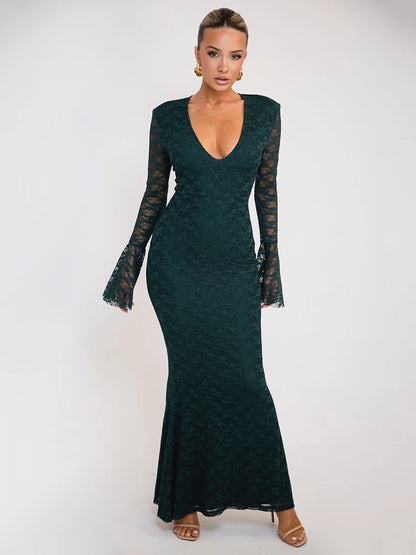 Elegant Lace Long Sleeve Maxi Fashion Deep V Neck Bodycon Party Long Dress