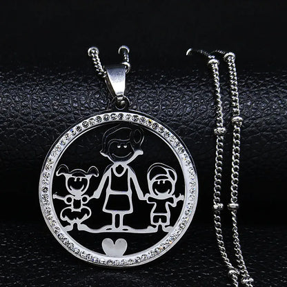Family Boy Gril Stainless Steel Silver Color Crystal Necklace