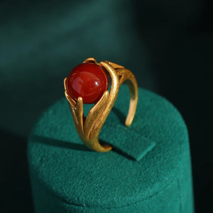 Women Red Oval Round Natural Stone Vintage Open Engagement Rings